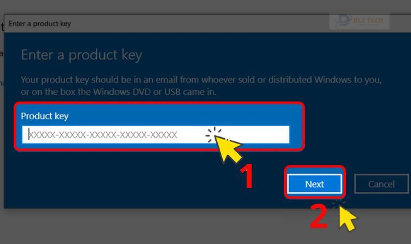 Trong hộp thoại Enter a product key, bạn tiến hành nhập key và nhấn Next để kích hoạt bản quyền