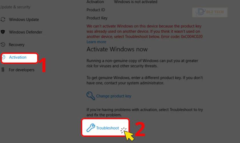 Ở thanh menu bên trái, chọn Activation và nhấn chọn Troubleshoot