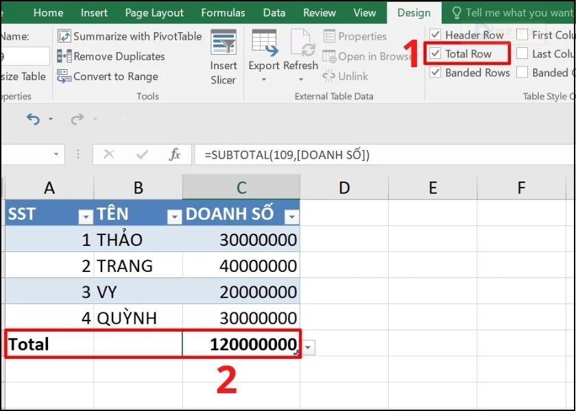 kết quả hiển thị ở cột total row