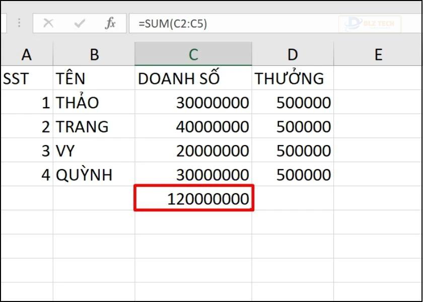 công thức tính tổng trong excel