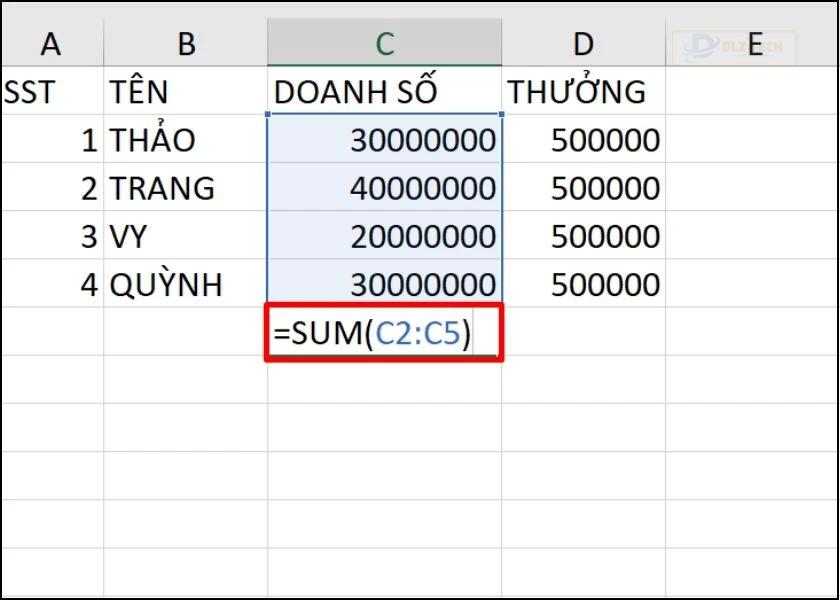 tính tổng với hàm sum