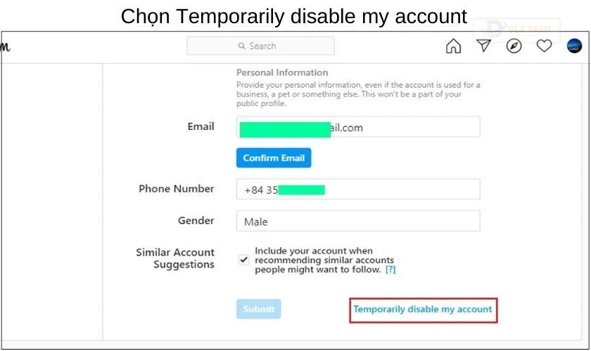 chọn mục Temporarily disable my account