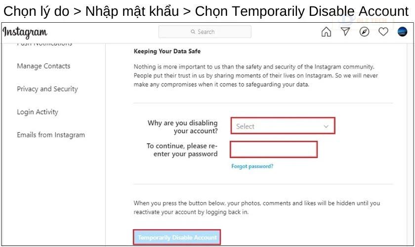 chọn Temporarily Disable Account