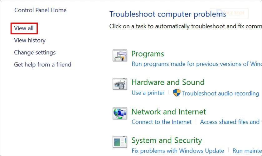 Trong cửa sổ Troubleshooting, bạn nhấp chuột vào View all trên danh mục bên trái
