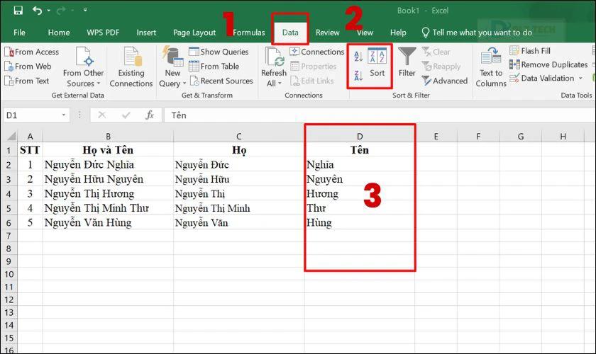 Vào tab Data chọn Sort