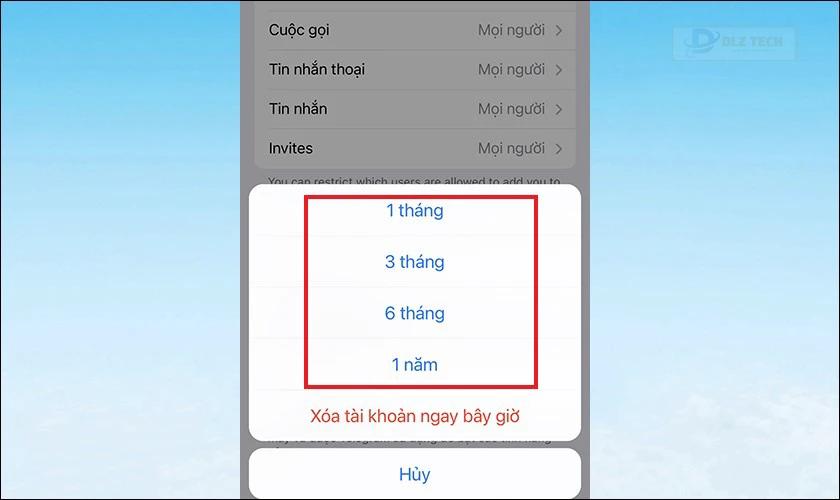 Bạn có thể chọn 1 trong 4 mốc thời gian để tài khoản tự hủy