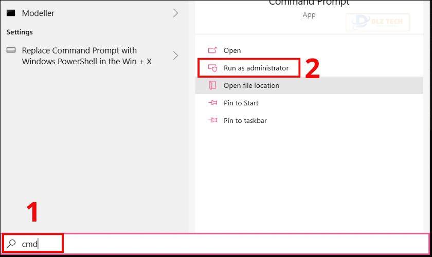 Nhấn tổ hợp phím Windows + S, gõ cmd, chọn Run as administrator