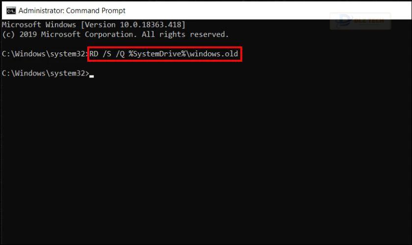 Xóa Windows.old Win 11, 10, 8 trong Command Prompt