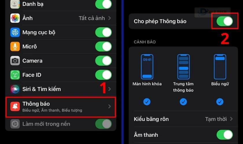 Sau đó tại mục Cho phép thông báo, bạn hãy bạn gạt thanh trượt sang phải để cấp quyền thông báo cho Zalo