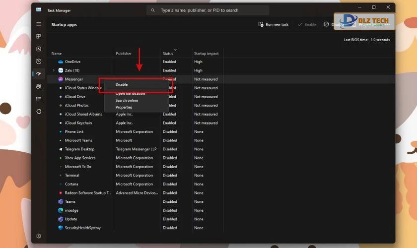Nhấp chuột chọn app muốn tắt cùng Windows và nhấn Disable