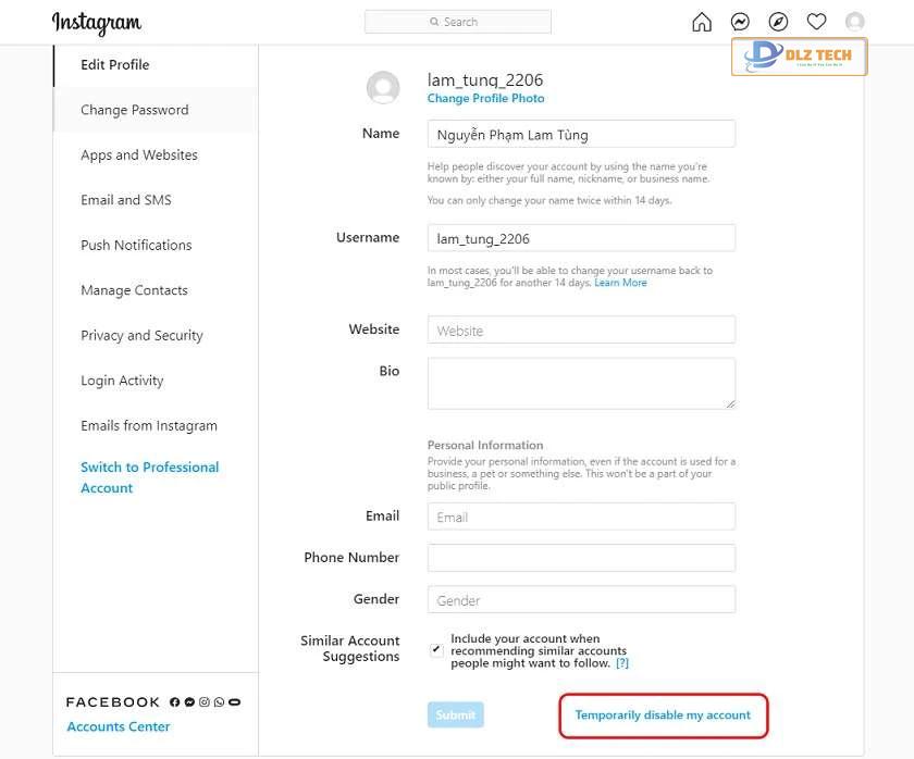 Cách khóa Instagram bằng máy tính