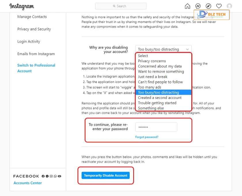 Cách khóa Instagram bằng máy tính