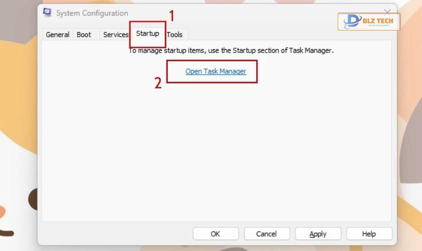 Chuyển sang mục Startup và chọn Open Task Manager
