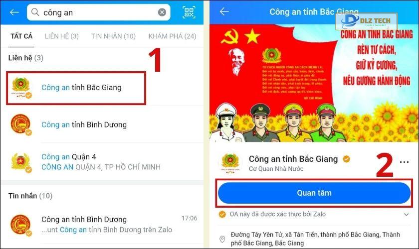 Chọn vào Zalo Công an tại khu vực của bạn và chọn Quan tâm