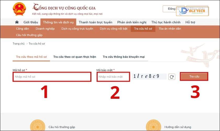 Nhập Mã hồ sơ và Mã bảo mật