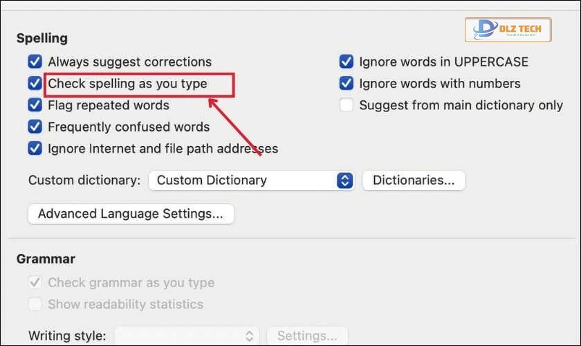 Các từ có lỗi chính tả sẽ xuất hiện dấu gạch chân đỏ