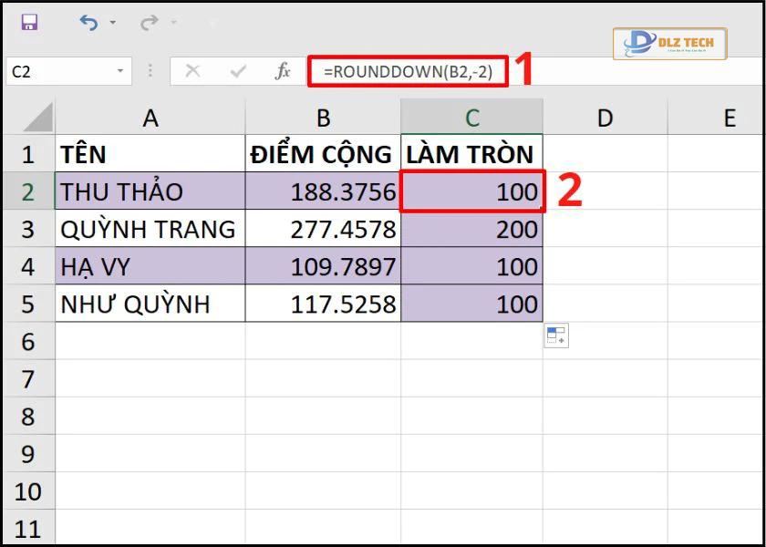 làm tròn số xuống trong excel