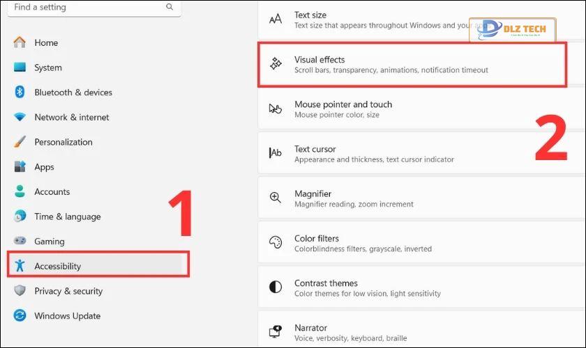 Chọn Accessibility và Visual effects