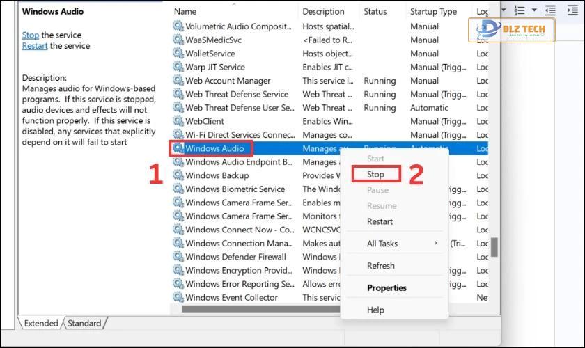 Dừng dịch vụ Windows Audio
