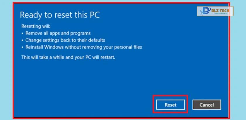 màn hình của máy sẽ báo Ready to reset this PC bạn nhấn chọn Reset là xong - reset máy tính