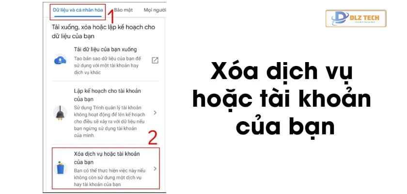 Chọn tới dòng Xóa dịch vụ hoặc tài khoản
