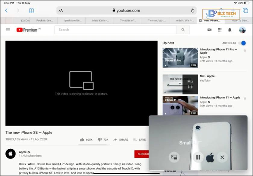 Video được phát trong một cửa sổ nổi (picture in picture youtube)