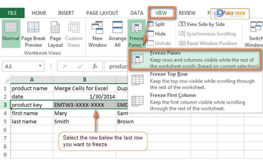 Cố định nhiều dòng trong Excel