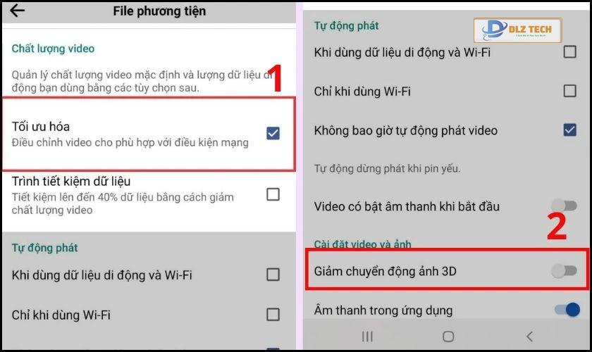 Nhấn nút Bật Tối ưu hóa và Tắt giảm chuyển động ảnh 3D