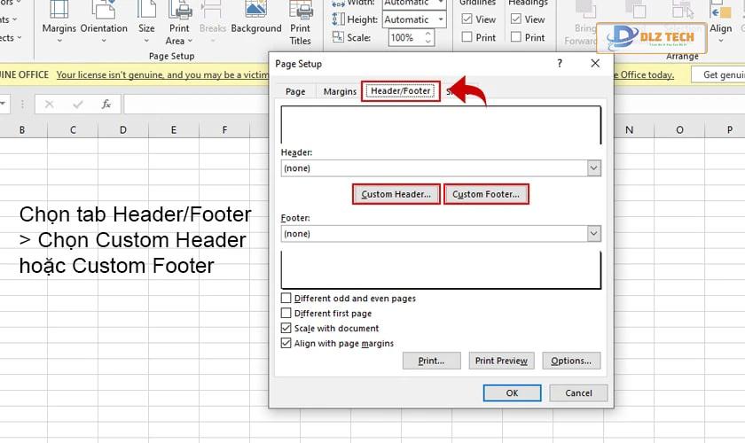 Đánh số trang trong Excel 2016
