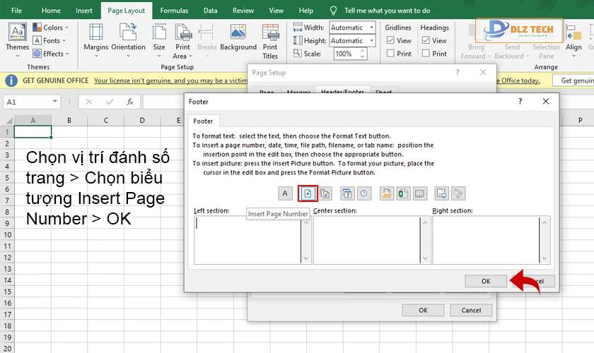 Đánh số trang trong Excel 2016