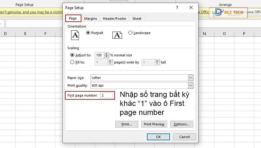Đánh số trang trong Excel không bắt đầu từ 1