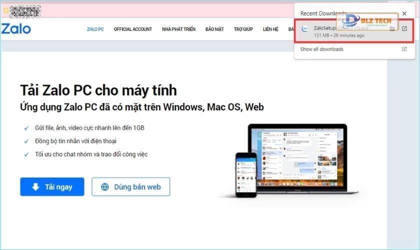 Thông báo tải Zalo thành công