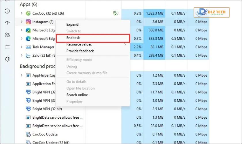 Nhấn chuột phải vào ứng dụng Instagram và chọn End task