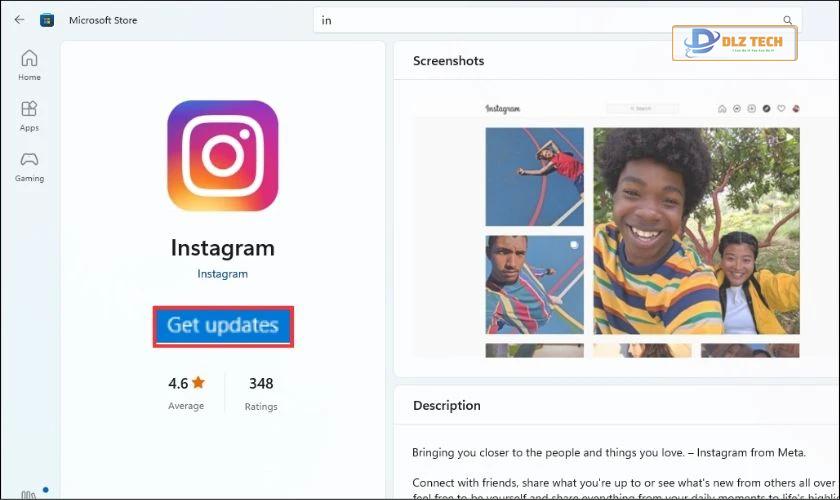 Kiểm tra ứng dụng Instagram trong Microsoft Store và bấm Get update