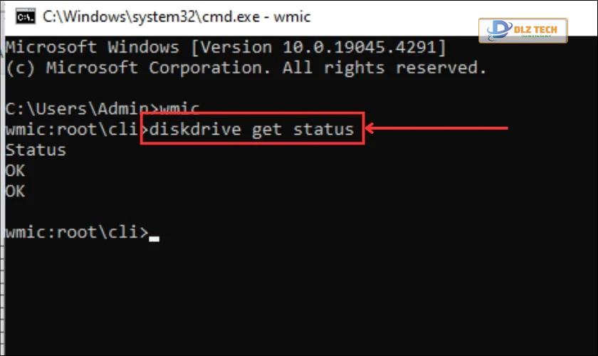 Nhập lệnh diskdrive get status và nhấn Enter