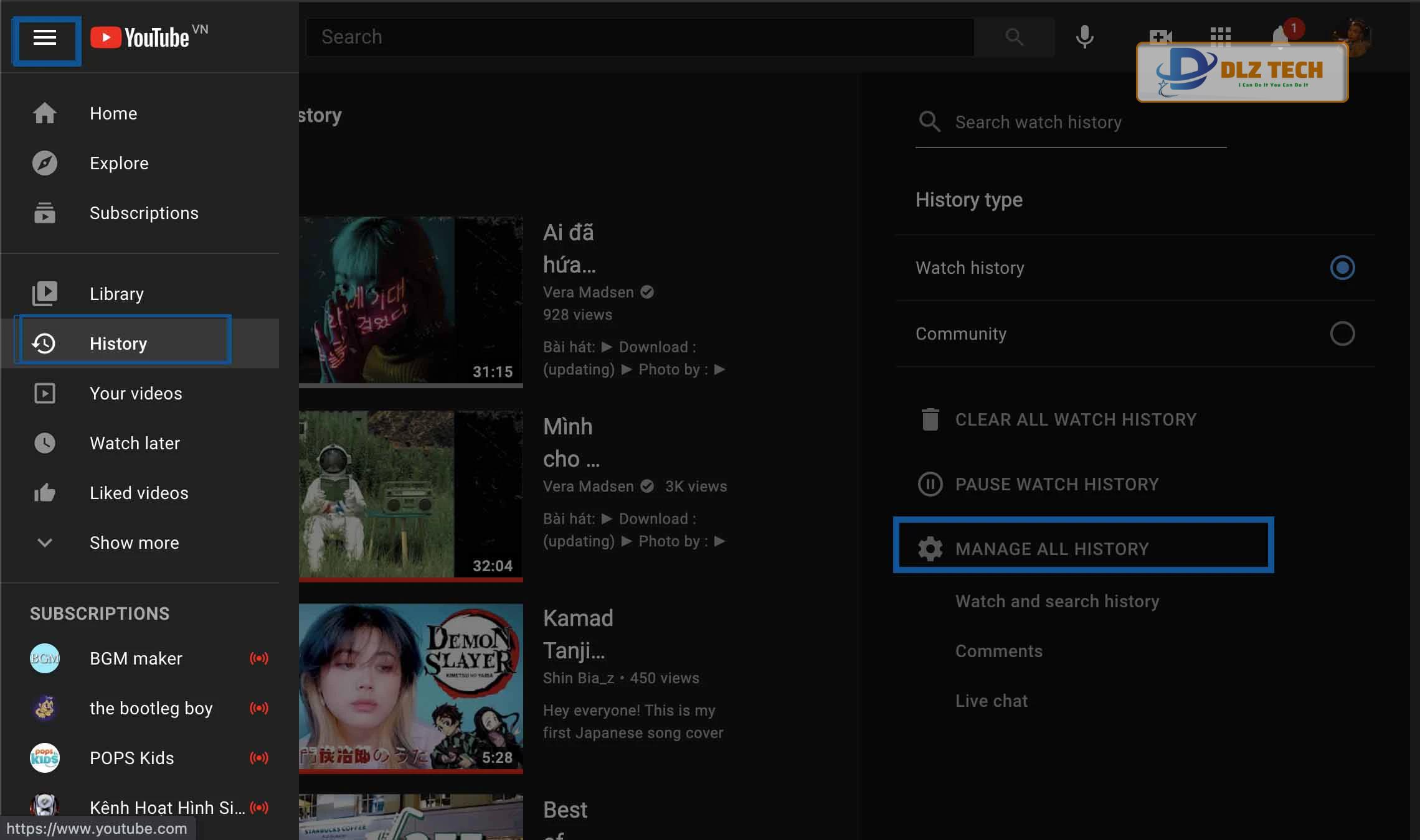 Xóa lịch sử tìm kiếm trên Youtube máy tính