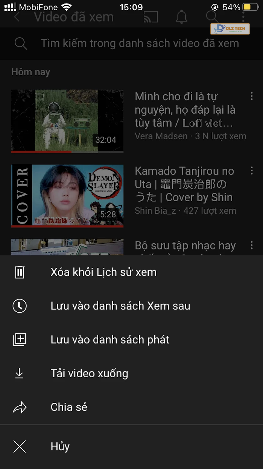 Cách xóa video đã xem trên Youtube - giao diện điện thoại