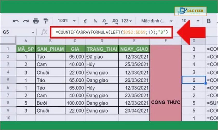 Kết hợp COUNTIF với LEFT