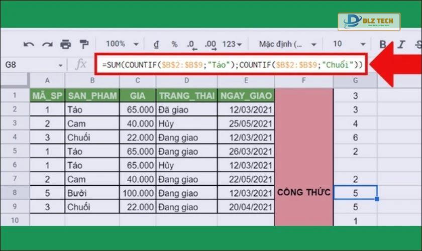 Kết hợp với SUM để tính tổng số lần xuất hiện