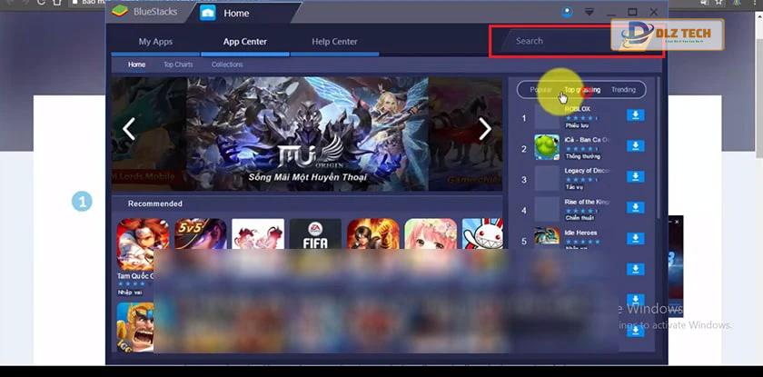 Tìm kiếm ứng dụng trong Bluestacks