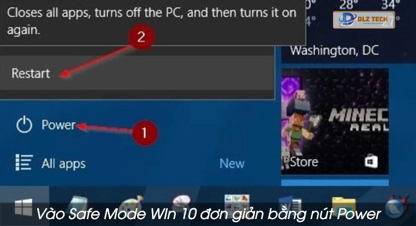 Vào chế độ safe mode win 10 bằng nút Power