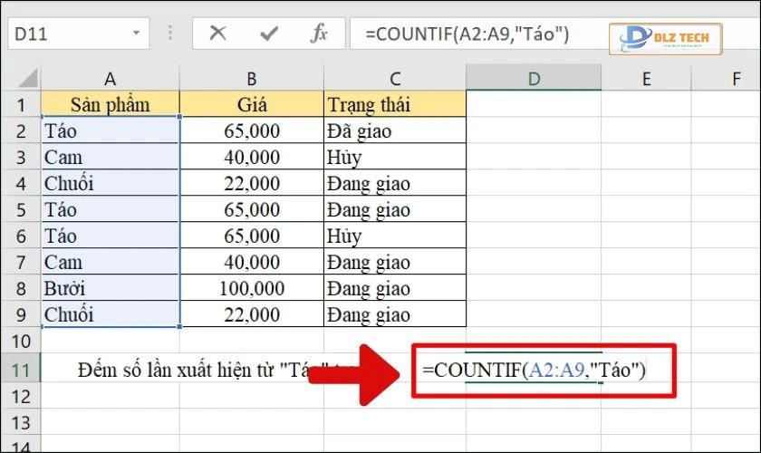 Sử dụng hàm COUNTIF để đếm văn bản