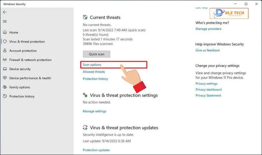 Chọn Virus & threat protection rồi nhấp vào Scan options