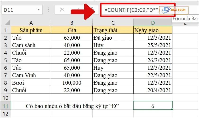 Cách đếm ô bắt đầu bằng ký tự cụ thể