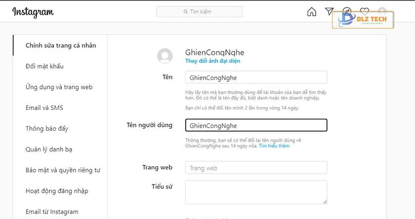 Nhập tên Instagram trên máy tính