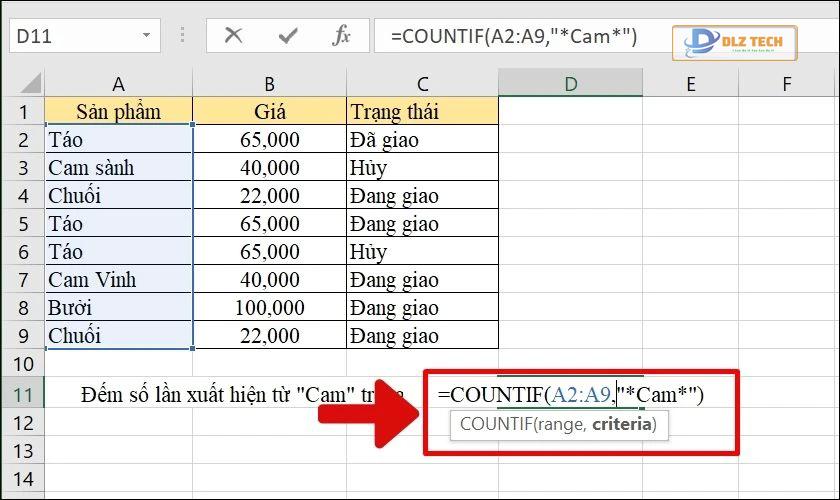 Cách sử dụng hàm COUNTIF để đếm giá trị text
