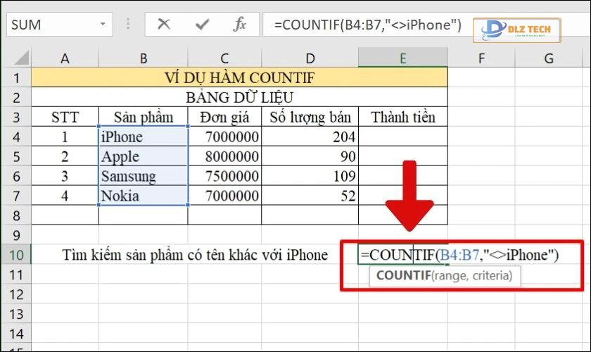 Ví dụ COUNTIF với phép so sánh