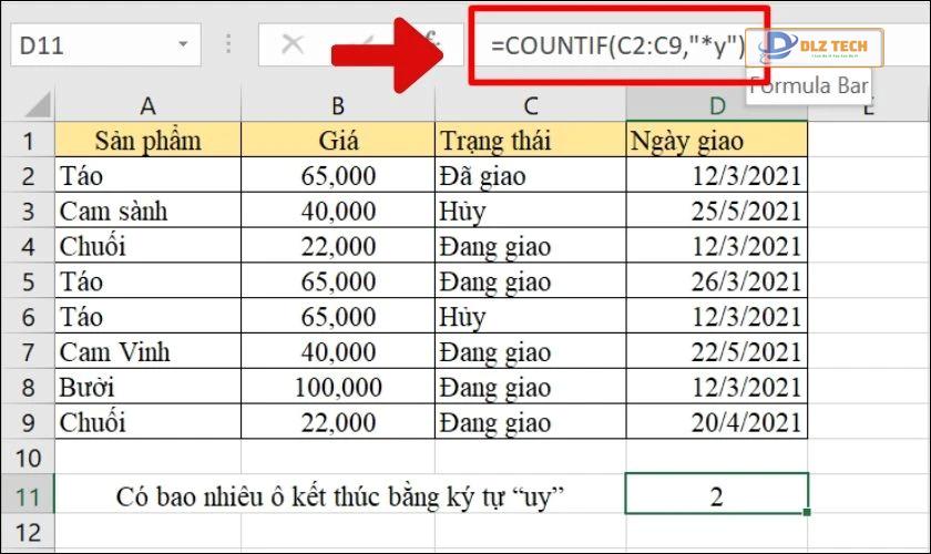 Cách đếm ô kết thúc bằng ký tự cụ thể