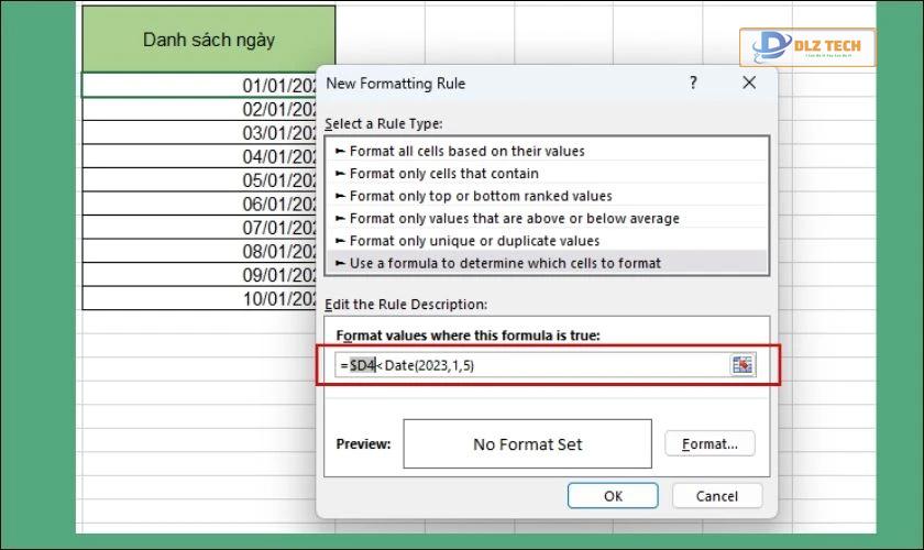 Nhập công thức hàm Date để định dạng màu trong Excel