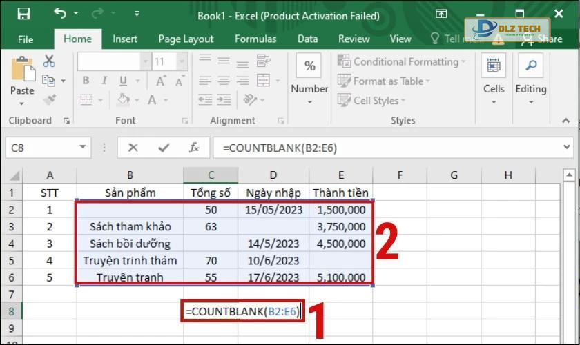 Kết quả thu được khi dùng hàm Coutblank trong Excel